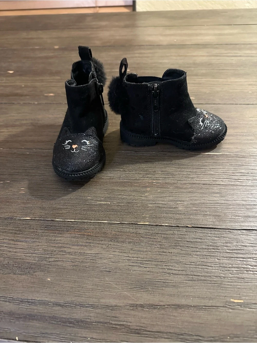 Sz 4 Toddler Black Cat Face Glitter Ankle Boots